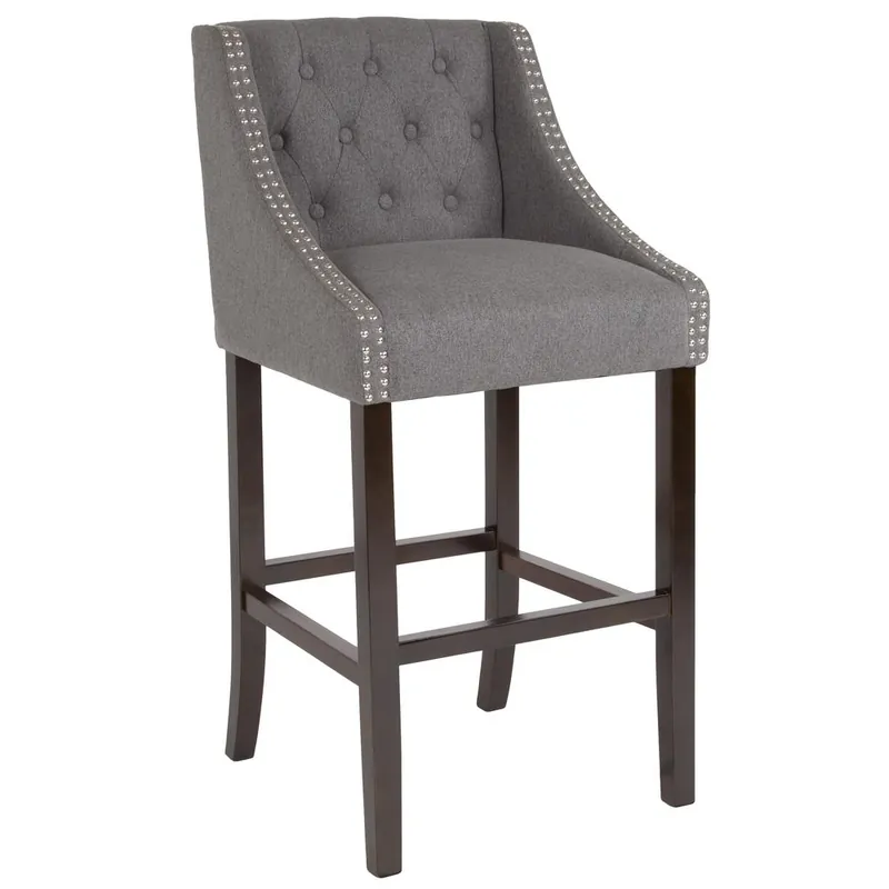 Carmel Series 30" High Transitional Tufted Walnut Barstool With Accent Nail Trim In Dark Gray Fabric By Flash Furniture - Dark Gray Fabric Trusted Brand