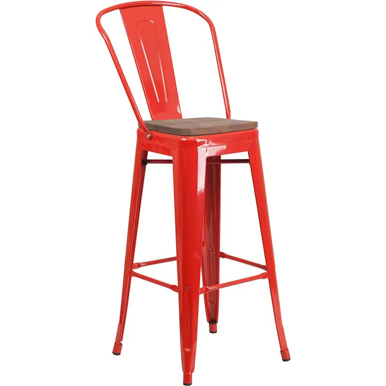 Last Chance 30" High Red Metal Barstool With Back And Wood Seat By Flash Furniture - Red