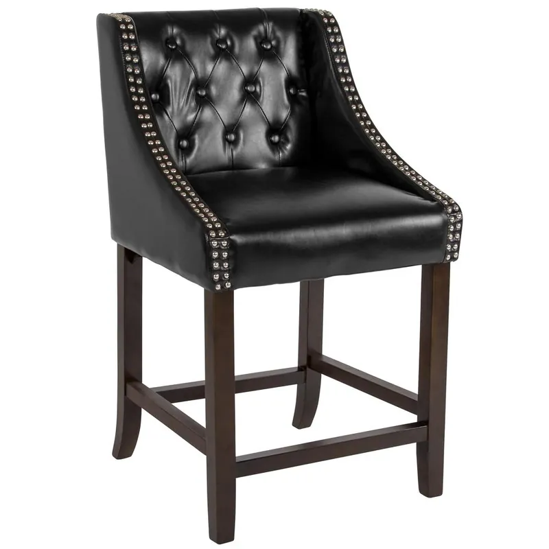 Carmel Series 24" High Transitional Tufted Walnut Counter Height Stool With Accent Nail Trim In Black Leathersoft By Flash Furniture - Black LeatherSoft Markdown