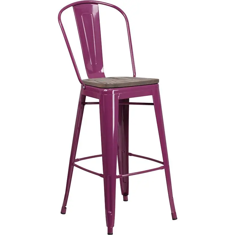 30" High Purple Metal Barstool With Back And Wood Seat By Flash Furniture - Purple Save Now