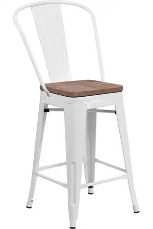 24" High White Metal Counter Height Stool With Back And Wood Seat By Flash Furniture - White Seasonal Sale