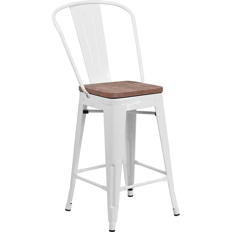 24" High White Metal Counter Height Stool With Back And Wood Seat By Flash Furniture - White Seasonal Sale