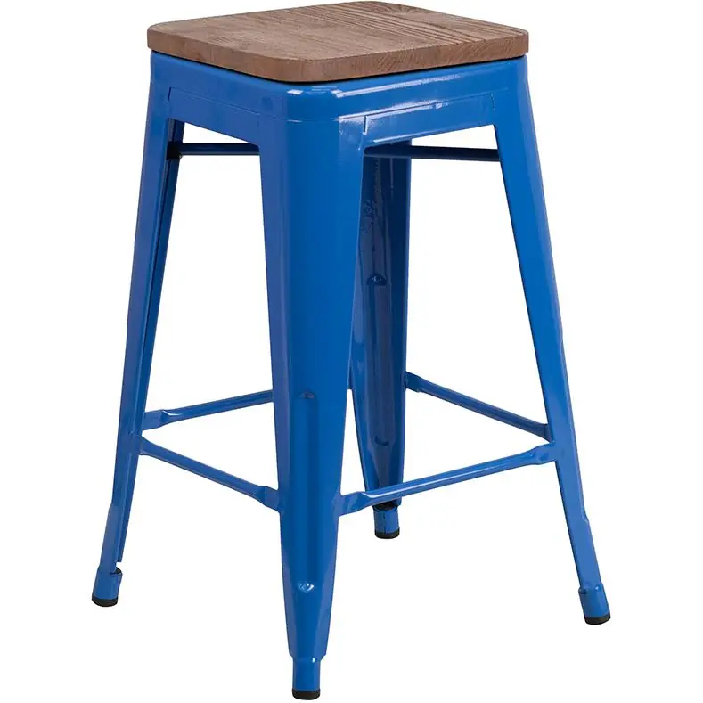 24" High Backless Blue Metal Counter Height Stool With Square Wood Seat By Flash Furniture - Blue Genuine
