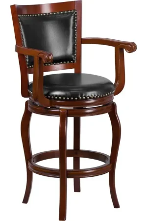 30'' High Cherry Wood Barstool With Arms, Panel Back And Black Leathersoft Swivel Seat By Flash Furniture - Cherry Best Seller