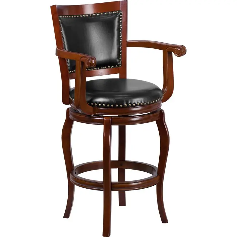 30'' High Cherry Wood Barstool With Arms, Panel Back And Black Leathersoft Swivel Seat By Flash Furniture - Cherry Best Seller