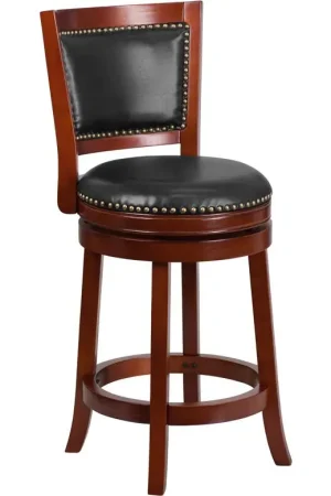 26'' High Dark Cherry Wood Counter Height Stool With Open Panel Back And Walnut Leathersoft Swivel Seat By Flash Furniture - Dark Cherry Secure Checkout