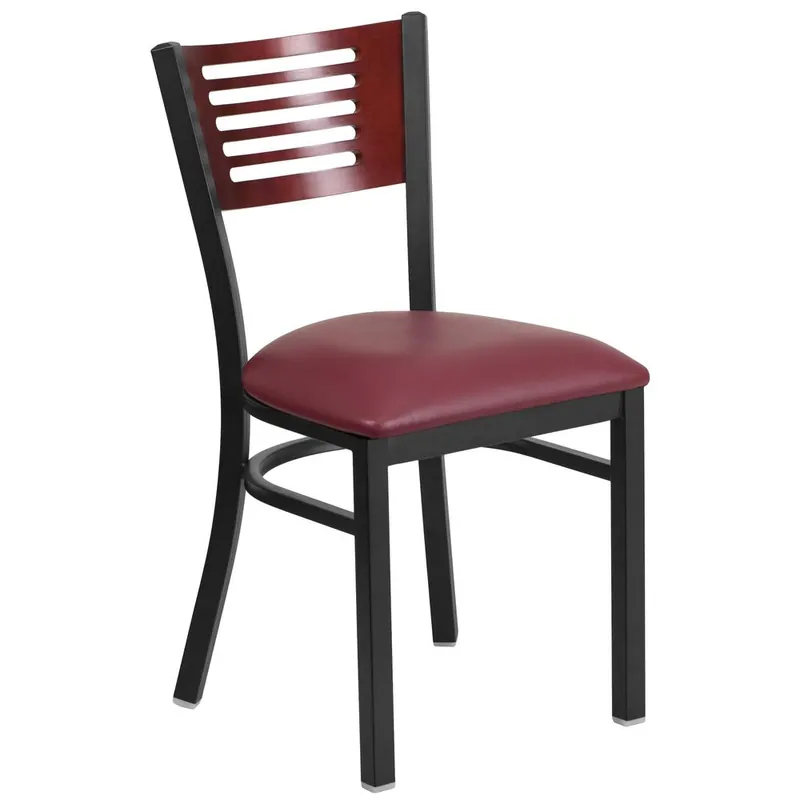 Premium Hercules Series Black Slat Back Metal Restaurant Chair - Mahogany Wood Back, Burgundy Vinyl Seat By Flash Furniture - Mahogany Wood Back , Burgundy Vinyl Seat , Black Metal Frame