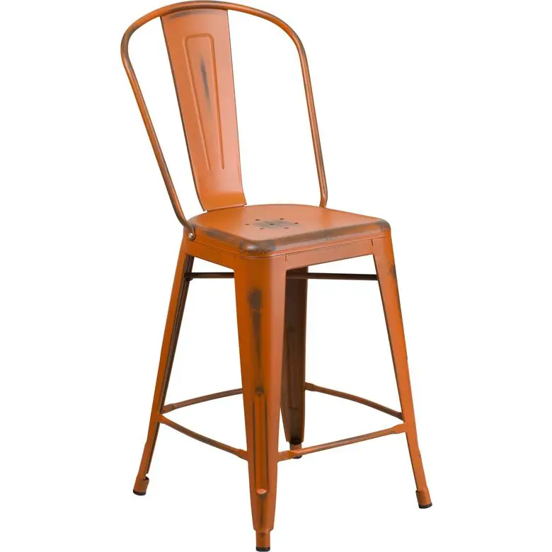 Commercial Grade 24" High Distressed Orange Metal Indoor-Outdoor Counter Height Stool With Back By Flash Furniture - Orange Flash Sale