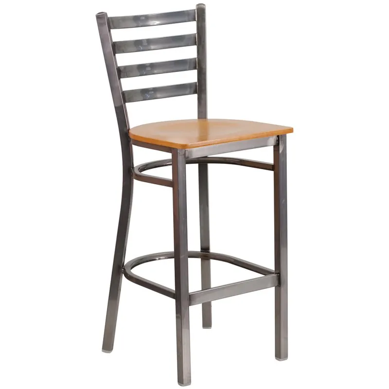 Express Delivery Hercules Series Clear Coated Ladder Back Metal Restaurant Barstool - Natural Wood Seat By Flash Furniture - Natural Wood Seat , Clear Coated Metal Frame