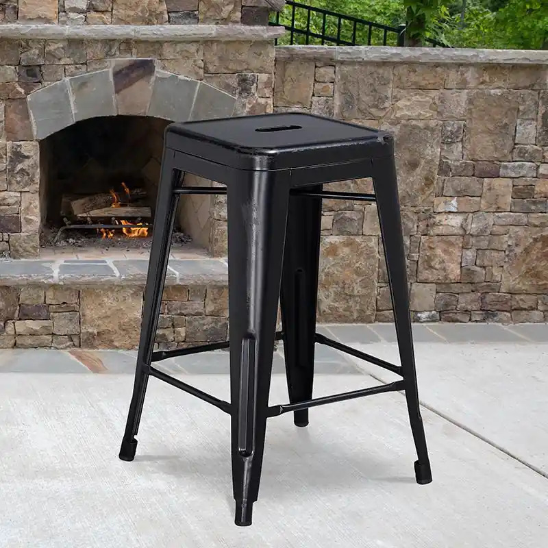 Super Sale Commercial Grade 24" High Backless Distressed Black Metal Indoor-Outdoor Counter Height Stool By Flash Furniture - Black
