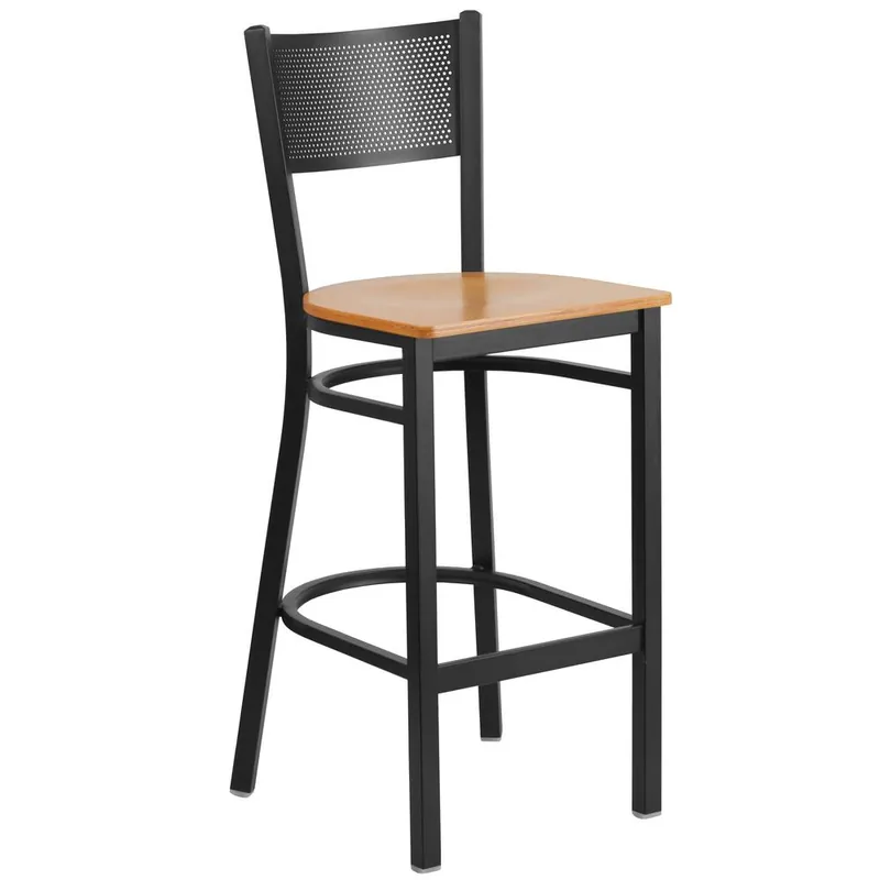 Hercules Series Black Grid Back Metal Restaurant Barstool - Natural Wood Seat By Flash Furniture - Natural Wood Seat , Black Metal Frame Best Price