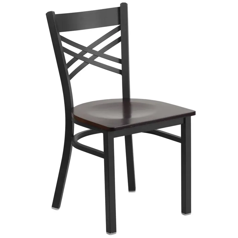 Hercules Series Black ''X'' Back Metal Restaurant Chair - Walnut Wood Seat By Flash Furniture - Walnut Wood Seat , Black Metal Frame Money Back Guarantee