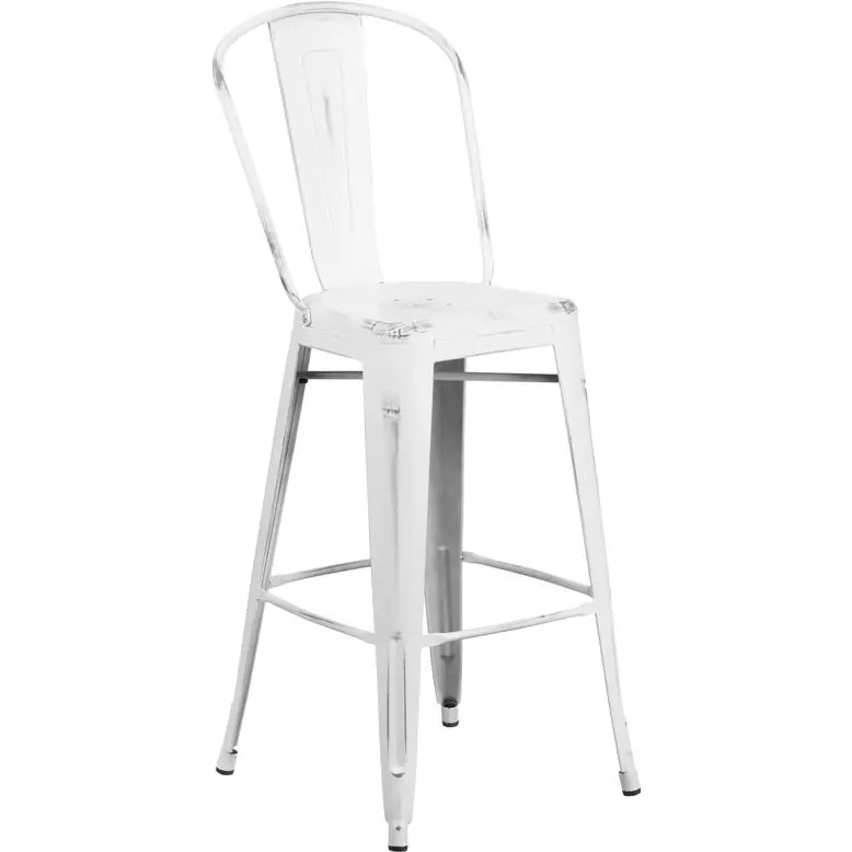Commercial Grade 30" High Distressed White Metal Indoor-Outdoor Barstool With Back By Flash Furniture - White Luxury