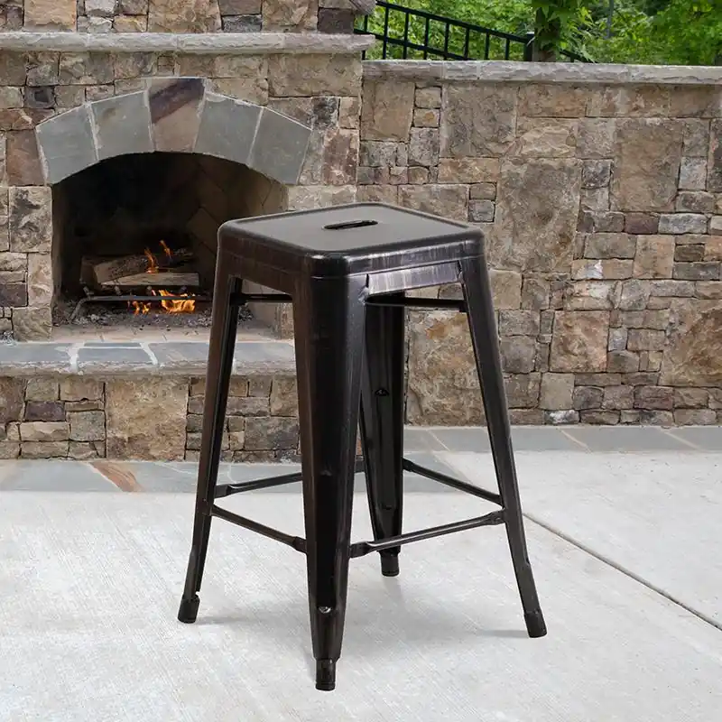 Commercial Grade 24" High Backless Black-Antique Gold Metal Indoor-Outdoor Counter Height Stool With Square Seat By Flash Furniture - Black-Antique Gold Top Pick