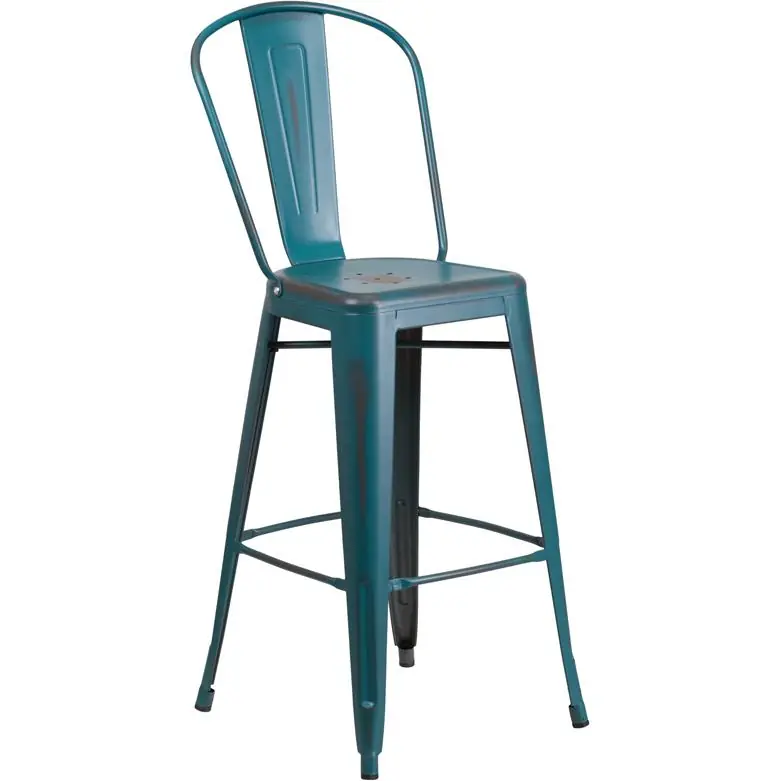 Commercial Grade 30" High Distressed Kelly Blue-Teal Metal Indoor-Outdoor Barstool With Back By Flash Furniture - Kelly Blue-Teal Special Offer