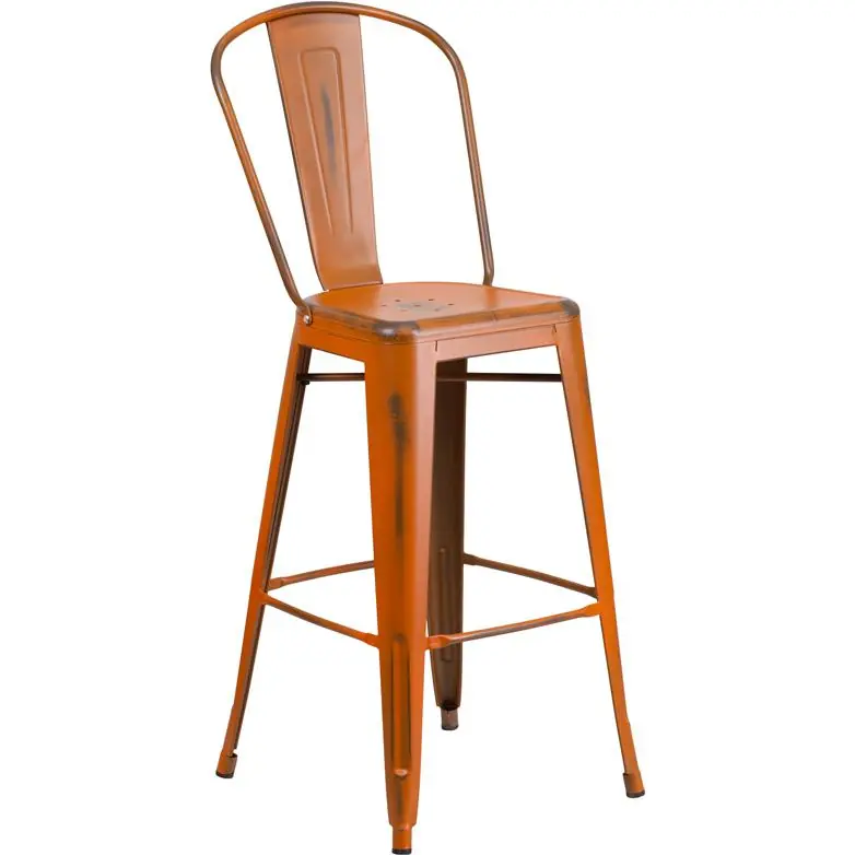 Money Back Guarantee Commercial Grade 30" High Distressed Orange Metal Indoor-Outdoor Barstool With Back By Flash Furniture - Orange
