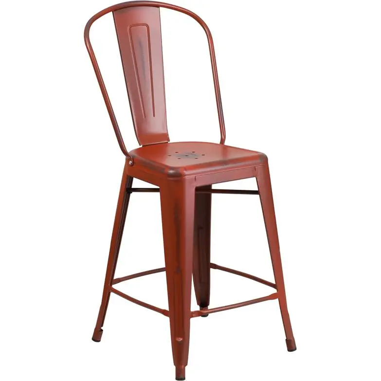 Buy Today Commercial Grade 24" High Distressed Kelly Red Metal Indoor-Outdoor Counter Height Stool With Back By Flash Furniture - Kelly Red