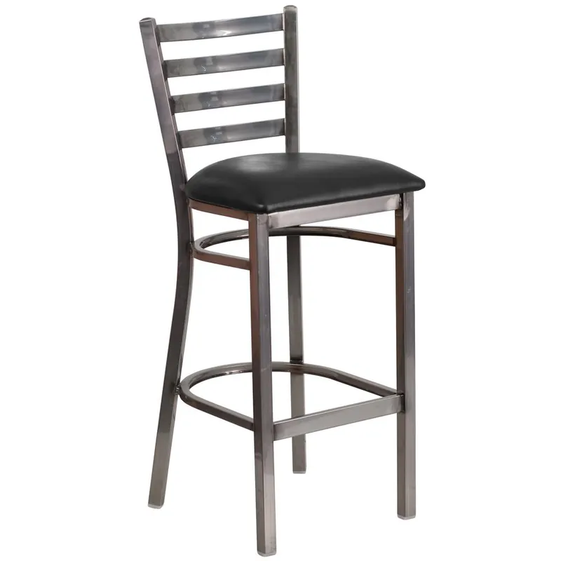 Limited Edition Hercules Series Clear Coated Ladder Back Metal Restaurant Barstool - Black Vinyl Seat By Flash Furniture - Black Vinyl Seat , Clear Coated Metal Frame