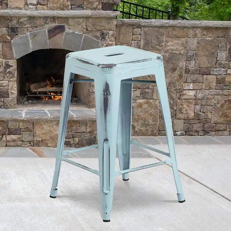 Commercial Grade 24" High Backless Distressed Green-Blue Metal Indoor-Outdoor Counter Height Stool By Flash Furniture - Green-Blue Buy Direct