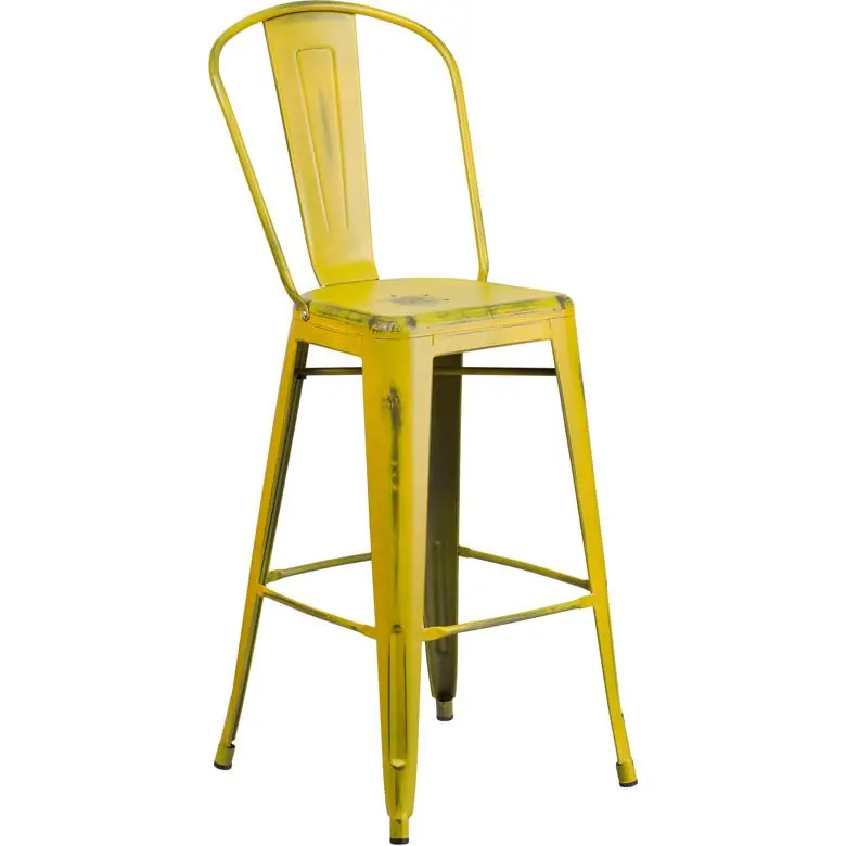 Commercial Grade 30" High Distressed Yellow Metal Indoor-Outdoor Barstool With Back By Flash Furniture - Yellow Final Sale