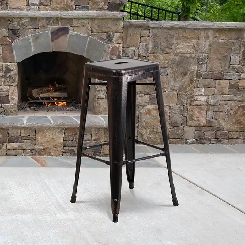 Original Commercial Grade 30" High Backless Black-Antique Gold Metal Indoor-Outdoor Barstool With Square Seat By Flash Furniture - Black-Antique Gold