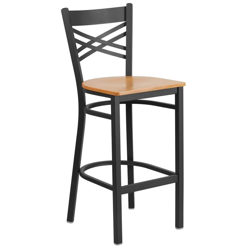 Hercules Series Black ''X'' Back Metal Restaurant Barstool - Natural Wood Seat By Flash Furniture - Natural Wood Seat , Black Metal Frame Luxury