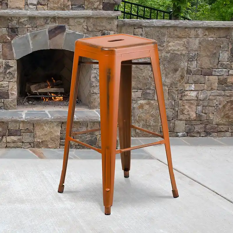 Final Sale Commercial Grade 30" High Backless Distressed Orange Metal Indoor-Outdoor Barstool By Flash Furniture - Orange