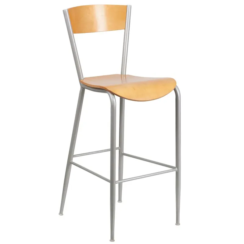 Invincible Series Silver Metal Restaurant Barstool - Natural Wood Back & Seat By Flash Furniture - Natural Wood Seat , Silver Frame Latest