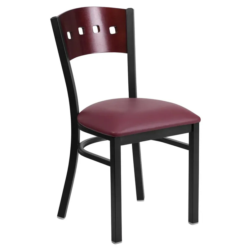 Secure Checkout Hercules Series Black 4 Square Back Metal Restaurant Chair - Mahogany Wood Back, Burgundy Vinyl Seat By Flash Furniture - Mahogany Wood Back , Burgundy Vinyl Seat , Black Metal Frame