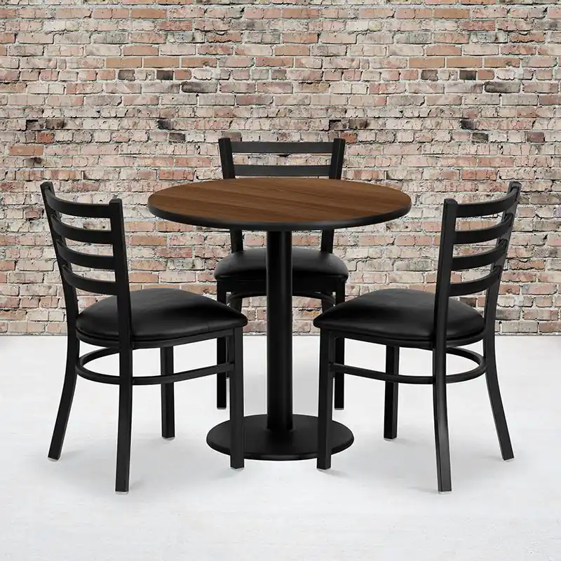 30'' Round Walnut Laminate Table Set With 3 Ladder Back Metal Chairs - Black Vinyl Seat By Flash Furniture - Walnut Special Offer