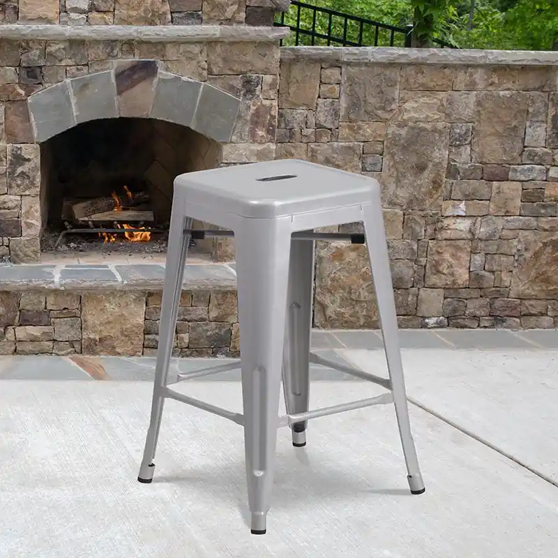 Commercial Grade 24" High Backless Silver Metal Indoor-Outdoor Counter Height Stool With Square Seat By Flash Furniture - Silver Trusted Brand