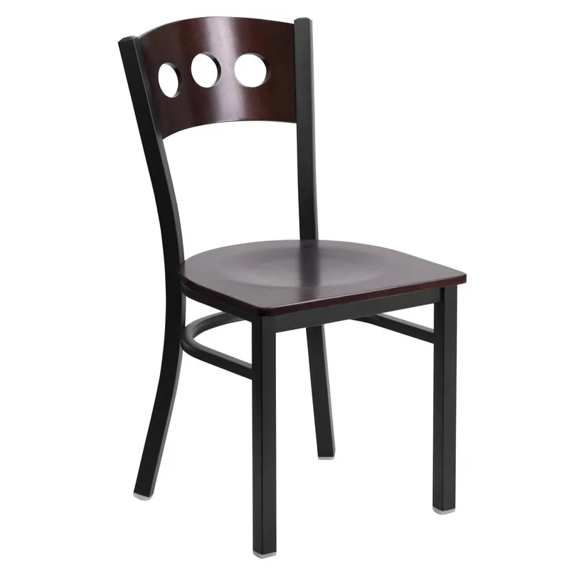 Hercules Series Black 3 Circle Back Metal Restaurant Chair - Walnut Wood Back & Seat By Flash Furniture - Walnut Wood Back , Walnut Wood Seat , Black Metal Frame Best Price