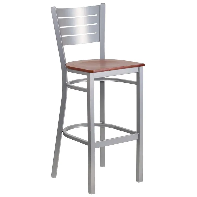 Hercules Series Silver Slat Back Metal Restaurant Barstool - Cherry Wood Seat By Flash Furniture - Cherry Wood Seat , Silver Frame Factory Price