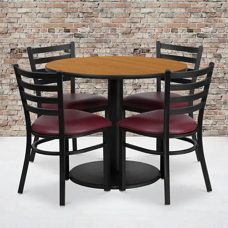 Wholesale 36'' Round Natural Laminate Table Set With Round Base And 4 Ladder Back Metal Chairs - Burgundy Vinyl Seat By Flash Furniture - Natural Top , Burgundy Vinyl Seat