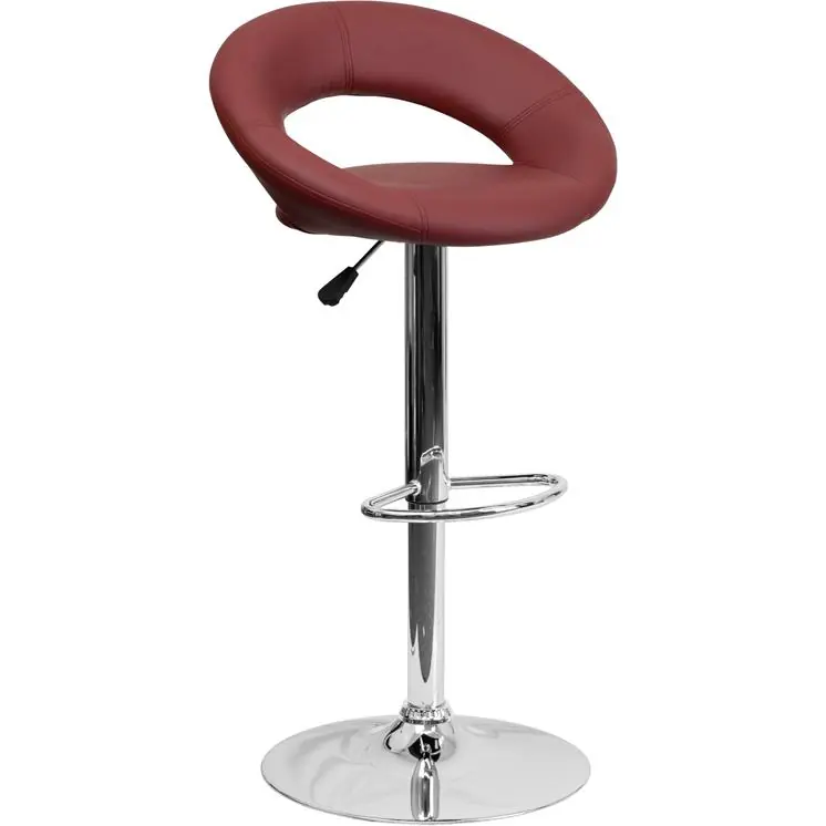 Low Price Contemporary Burgundy Vinyl Rounded Orbit-Style Back Adjustable Height Barstool With Chrome Base By Flash Furniture - Burgundy