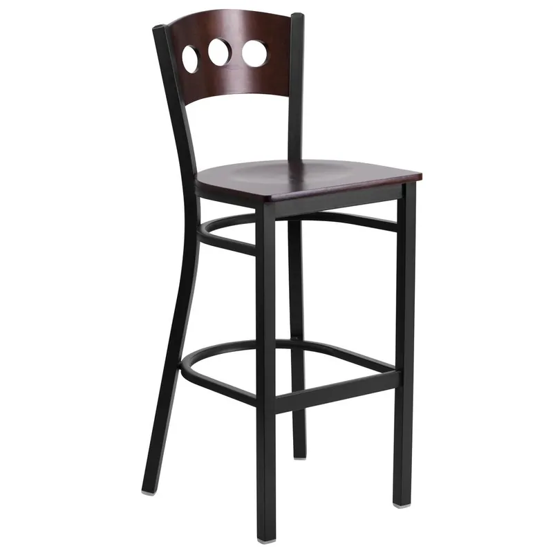 Hercules Series Black 3 Circle Back Metal Restaurant Barstool - Walnut Wood Back & Seat By Flash Furniture - Walnut Wood Back , Walnut Wood Seat , Black Metal Frame Fast Shipping