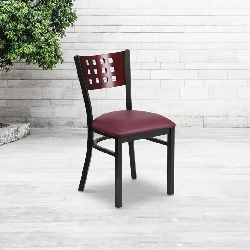 Hercules Series Black Cutout Back Metal Restaurant Chair - Mahogany Wood Back, Burgundy Vinyl Seat By Flash Furniture - Mahogany Wood Back , Burgundy Vinyl Seat , Black Metal Frame Seasonal Sale