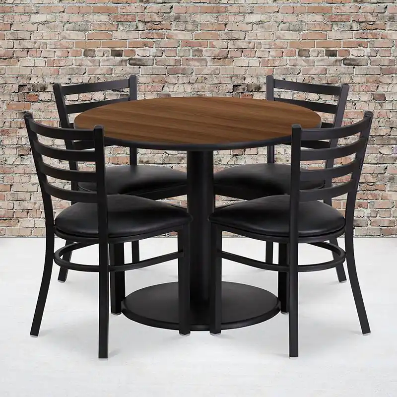 Latest 36'' Round Walnut Laminate Table Set With Round Base And 4 Ladder Back Metal Chairs - Black Vinyl Seat By Flash Furniture - Walnut Top , Black Vinyl Seat