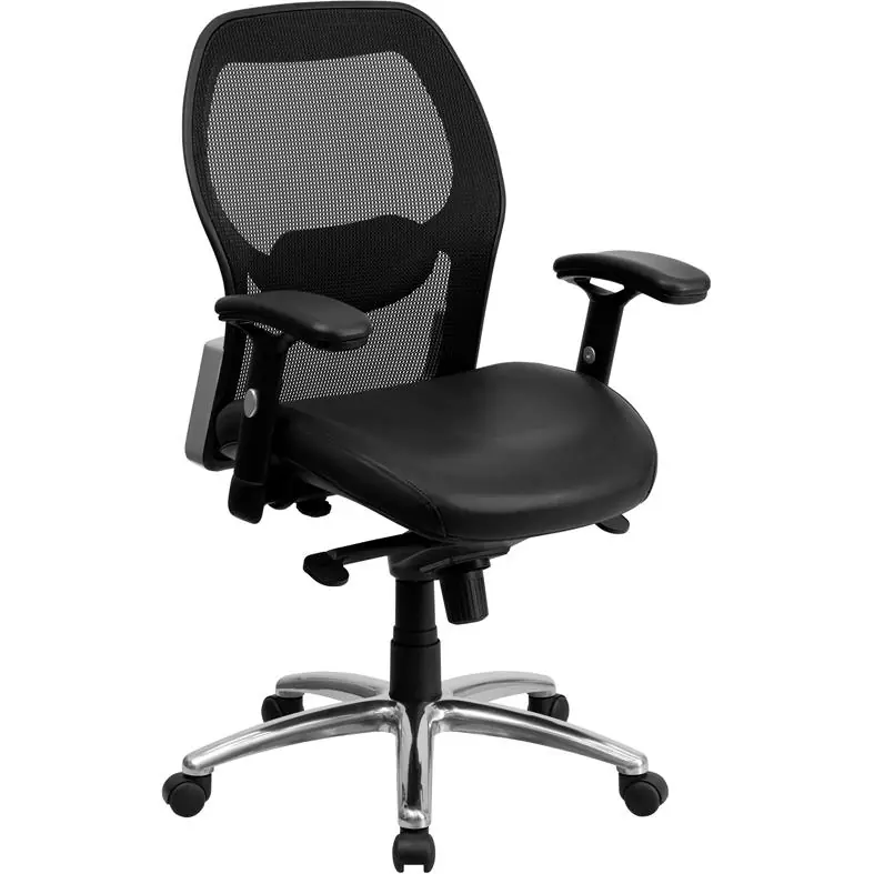Mid-Back Black Super Mesh Executive Swivel Office Chair With Leathersoft Seat, Knee Tilt Control And Adjustable Lumbar & Arms By Flash Furniture - Black LeatherSoft , Mesh Viral