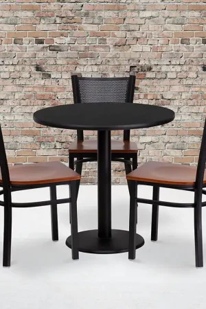 30'' Round Black Laminate Table Set With 3 Grid Back Metal Chairs - Cherry Wood Seat By Flash Furniture - Black Instant Buy