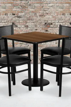 30'' Square Walnut Laminate Table Set With 4 Grid Back Metal Chairs - Black Vinyl Seat By Flash Furniture - Walnut New Arrival