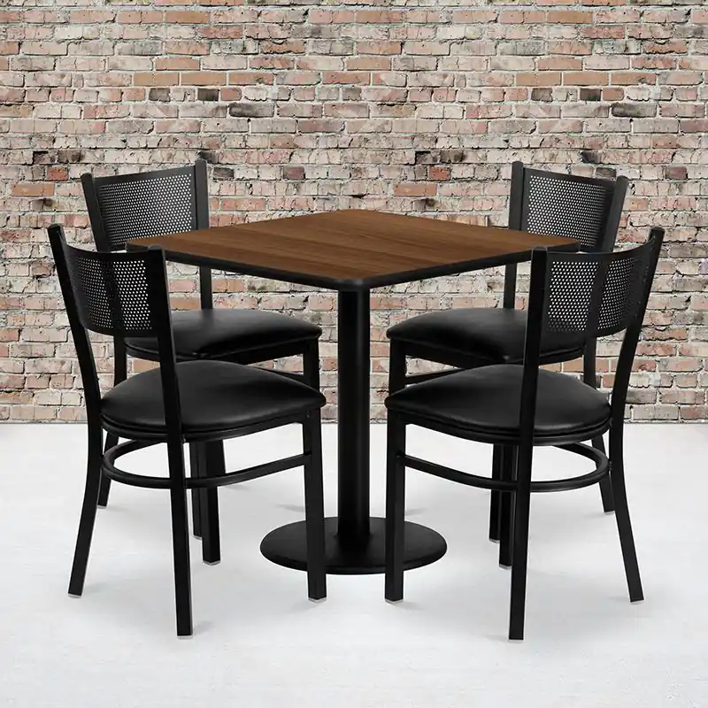 30'' Square Walnut Laminate Table Set With 4 Grid Back Metal Chairs - Black Vinyl Seat By Flash Furniture - Walnut New Arrival