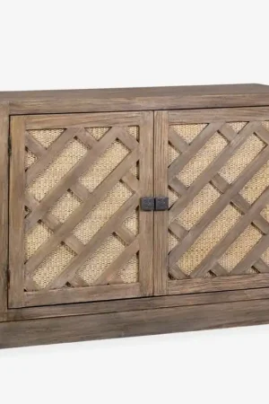 Fresh Stock Gladys Cane Inset Mindi Veneer/ Rattan 2 Door Cabinet, Light Brown by