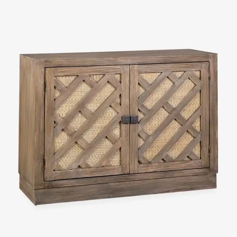 Fresh Stock Gladys Cane Inset Mindi Veneer/ Rattan 2 Door Cabinet, Light Brown by