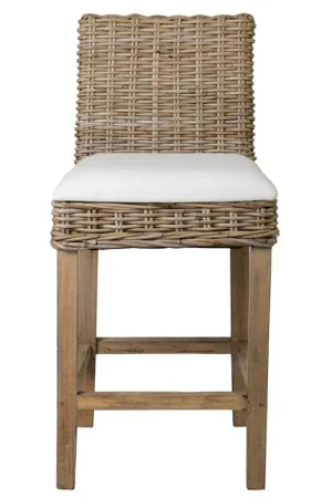 Durham Rattan Barstool w/ Upholestered Seat and Wood Base by Jeffan Cheap