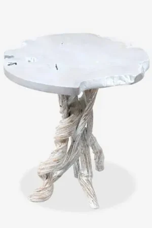 Roell teak top side table with natural root base by Jeffan Weekend Sale