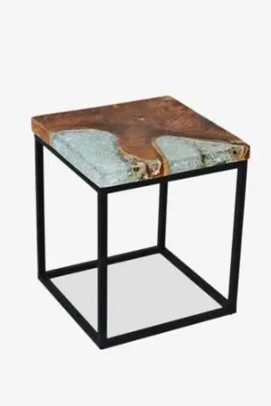 Uptown Icy Wood Square Side Table With Wrought Iron Leg by Jeffan New Arrival