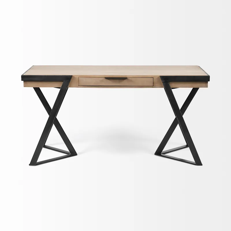 Same Day Shipping Solid Mango Wood Finish Writing Desk With Single Storage And Black Tri