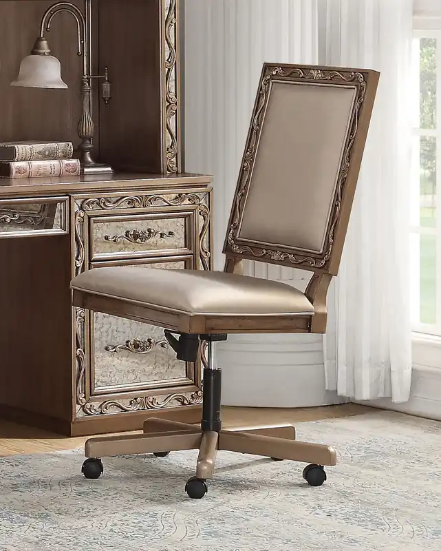 Champagne Fau Leather Upholstered (Seat) and Antique Gold Wood Eecutiv Discount