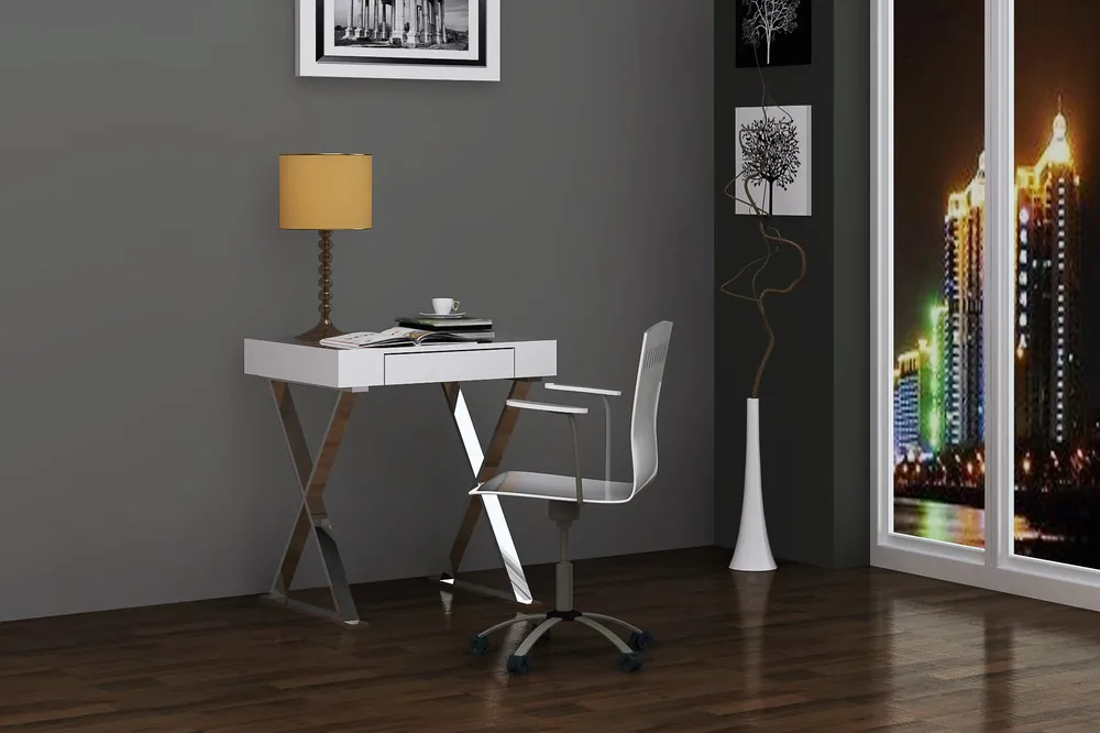 Fresh Stock Desk Small High Gloss White One Drawer Stainless Steel Base By Homeroo